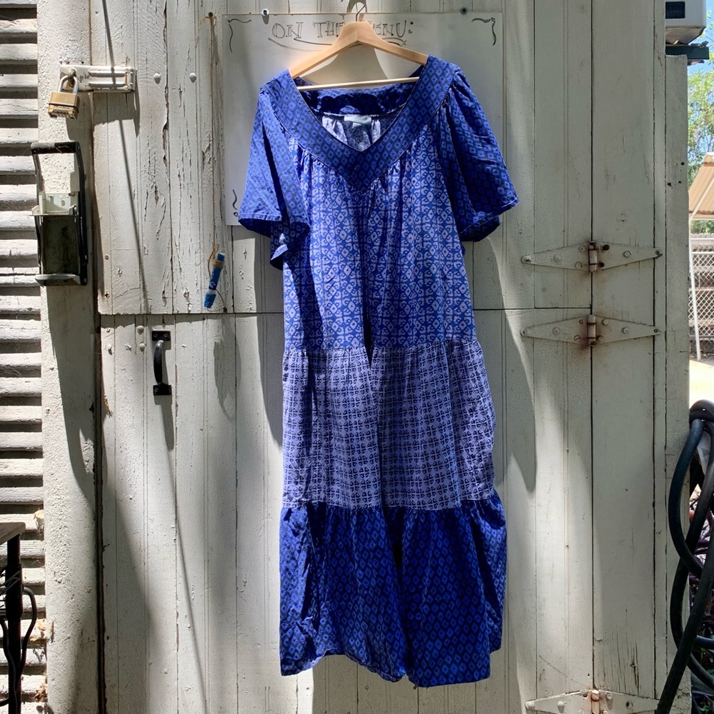 Vintage Royal Blue Tiered Trapeze Dress Short Sleeve Maxi Dress size 1x-5x